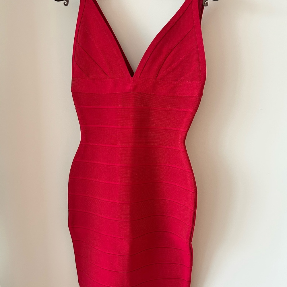 Herve Leger Red Ruched Bodycon Dress
